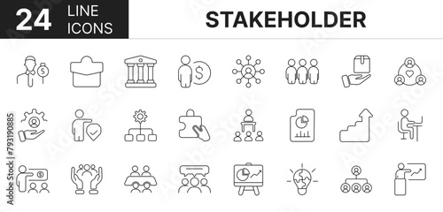 Collection of 24 Stakeholder line icons featuring editable strokes. These outline icons depict various modes of Stakeholder. Project, Growth, Investor, Report, Presentation,