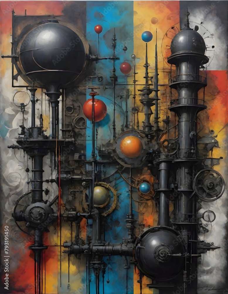 Intricate painting featuring towering structures with metallic spheres, blending industrial design with an abstract art style, Generative AI.