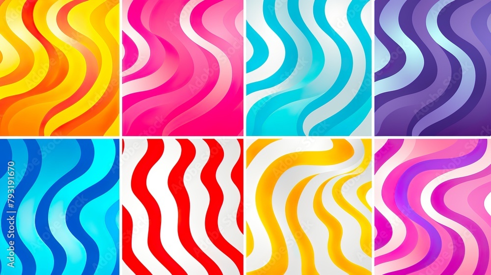 Eight colorful tiles displaying a fluid wavy pattern, in a seamless, contemporary design
