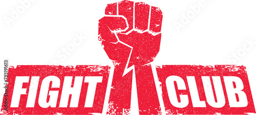 fight club vector red logo or label with grunge red man fist isolated on transparent white background. MMA Mixed martial arts concept design template. Fighting club label for print on tee