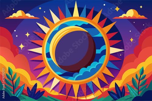 A colorful illustration of a solar eclipse