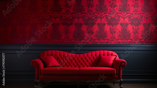 A luxurious ruby red velvet sofa contrasts against a rich damask patterned wall, invoking a sense of royalty