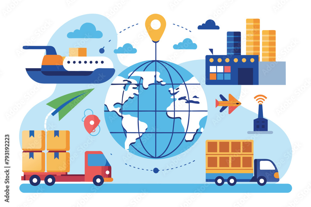 A globe surrounded by various modes of transportation such as airplanes, ships, trains, and trucks, international trade via transfer, Simple and minimalist flat Vector Illustration