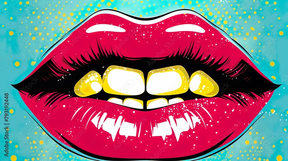 Eye-catching comic book style artwork showcasing exaggerated glossy pink lips with playful expression