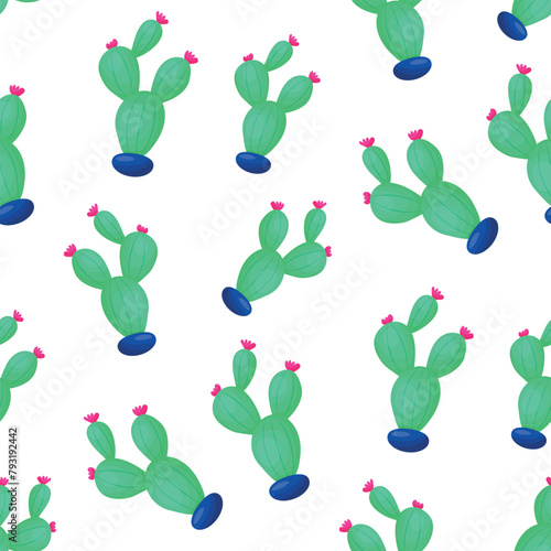 Hand drawn decorative seamless pattern with cactus in pot. © Idressart