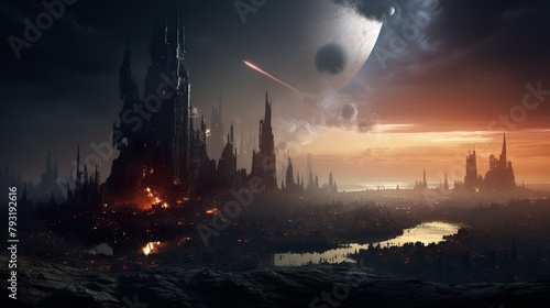 A dark, brooding city with towering structures under a looming planetary system, evoking a sense of otherworldly apocalypse