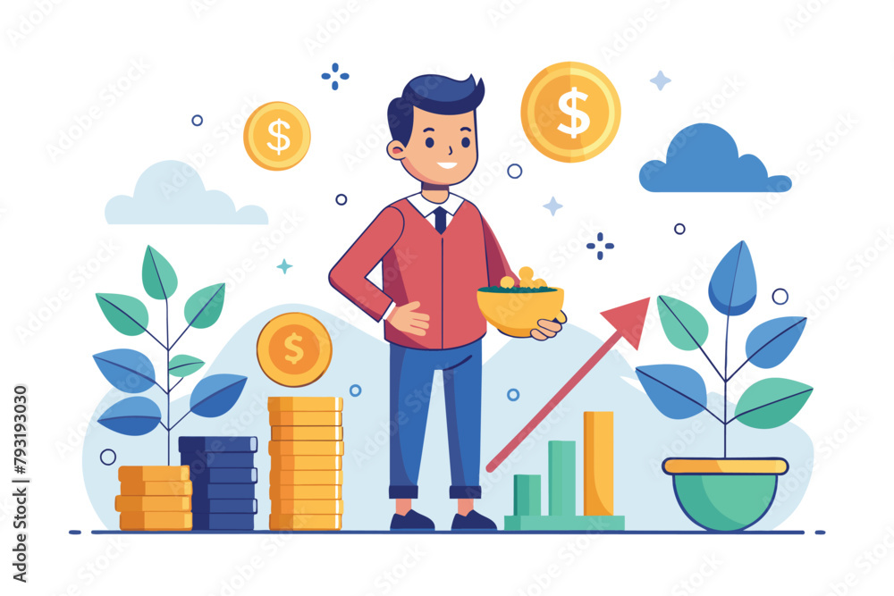 A man standing in front of stacks of coins, holding a bowl, symbolizing financial investment and profit, Investing and getting profit concept, Simple and minimalist flat Vector Illustration