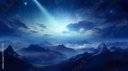 A mesmerizing scene featuring a bright comet streaking across a dreamy, starlit mountain landscape