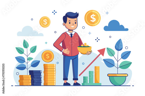 A man standing in front of stacks of coins, holding a bowl, symbolizing financial investment and profit, Investing and getting profit concept, Simple and minimalist flat Vector Illustration