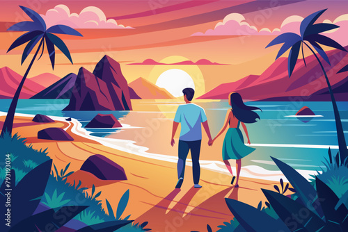 A couple holding hands, walking along a beach at sunrise.
