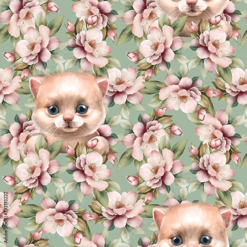 Seamless pattern with cute kittens and flowers. Floral background with cats for wallpaper or fabric