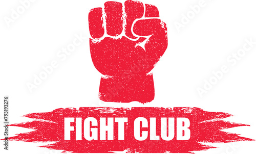 fight club vector red logo or label with grunge red man fist isolated on transparent white background. MMA Mixed martial arts concept design template. Fighting club label for print on tee