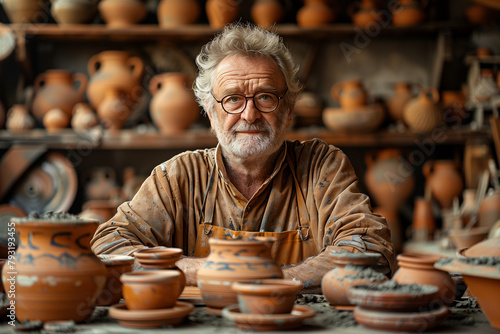 Old man in his ceramics workshop modeling clay. Hobby after retirement concept