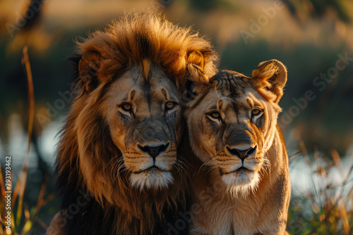 Majestic African lion couple