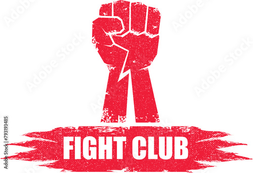 fight club vector red logo or label with grunge red man fist isolated on transparent white background. MMA Mixed martial arts concept design template. Fighting club label for print on tee
