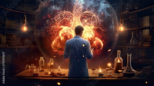 A creative portrayal of a man surrounded by radiant orbs, symbolizing ideas and innovation in a scientific context photo