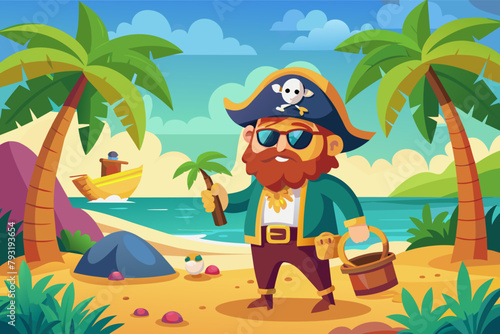 A cunning pirate captain with a peg leg and an eyepatch, searching for buried treasure on a tropical island.