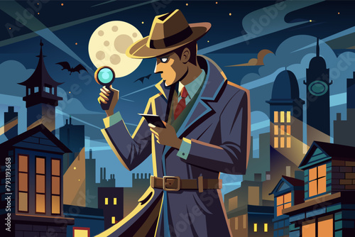 A cunning detective with a magnifying glass and a trench coat, piecing together clues in a shadowy cityscape.