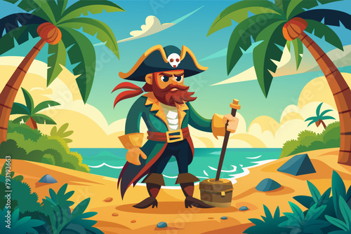 A cunning pirate captain with a peg leg and an eyepatch, searching for buried treasure on a tropical island.