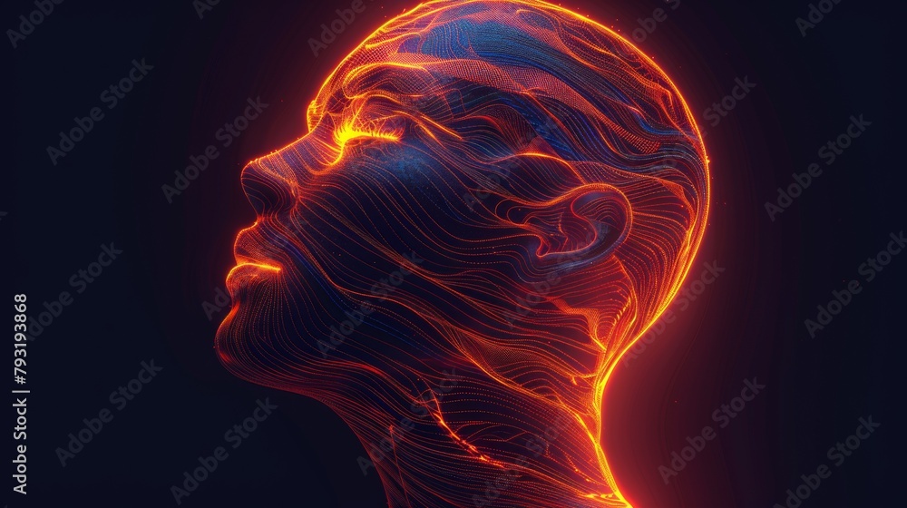 A neon image of a woman's head with glowing lines, AI
