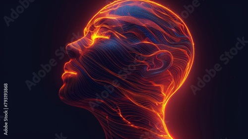 A neon image of a woman's head with glowing lines, AI