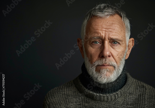 Senior man, studio and portrait with retirement, mockup and alzheimers for treatment isolated on grey background. Mature model, elderly person and memory loss with anxiety, depression and reflection