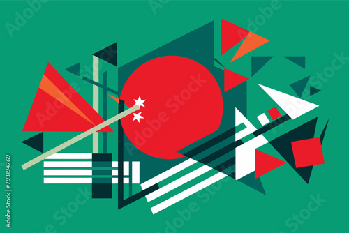 A deconstructed Bangladesh flag vector, with the elements (red sun, green field) reassembled in an abstract, geometric composition. photo