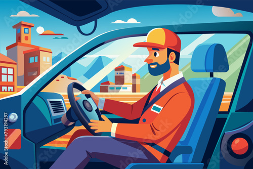 A delivery driver on a self-driving car, relaxing in the passenger seat.