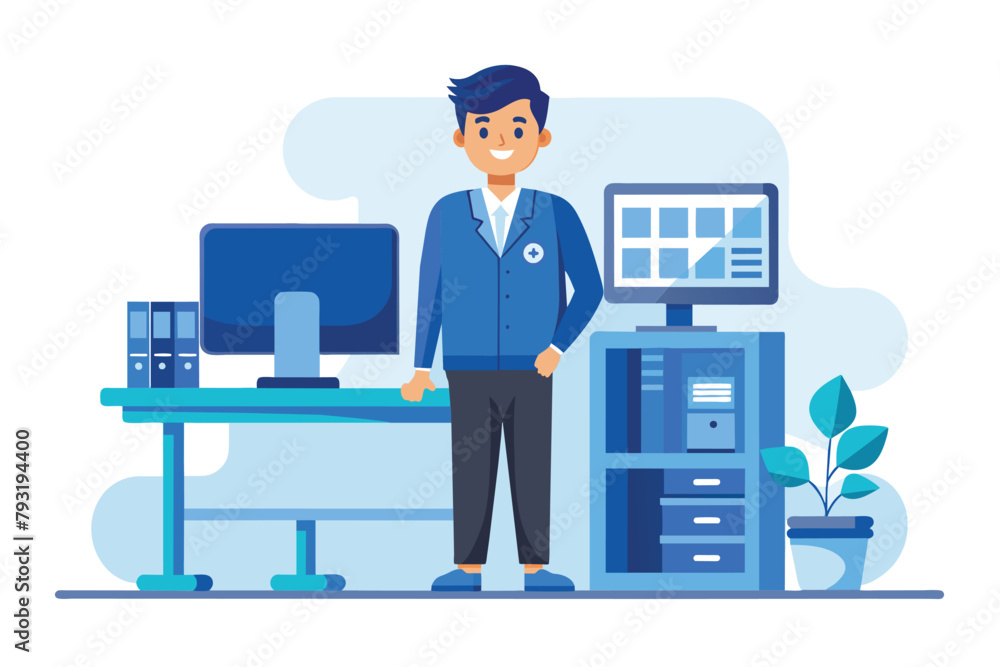 A man stands in front of a computer, concentrating on the screen, It servicer standing in front of computer with equipment, Simple and minimalist flat Vector Illustration A man stands in front of a computer, concentrating on the screen, It servicer standing in front of computer with equipment, Simple and minimalist flat Vector Illustration