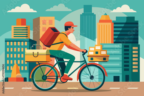 A delivery person on a bicycle weaving through city traffic, a stack of packages on their back