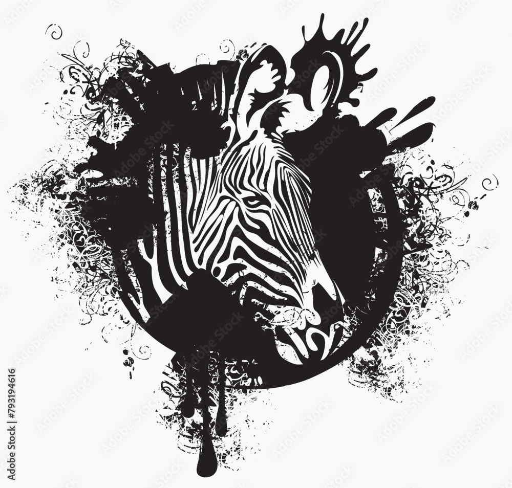 Fototapeta premium vector drawing of a zebra head in a circle with spots and splashes of black paint. suitable for logo or symbol