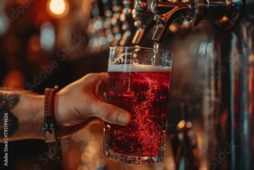 Close up of hand holding glass with red beer, being filled in the style of man pouring from tap in bar background Generative AI