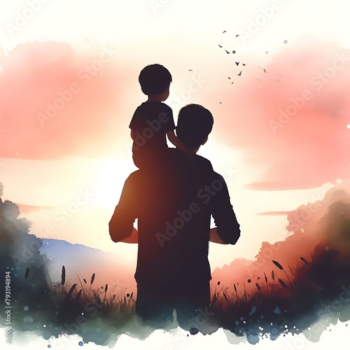 Father and Son: Beautiful Watercolor Silhouette Drawing. Father's Day Concept.