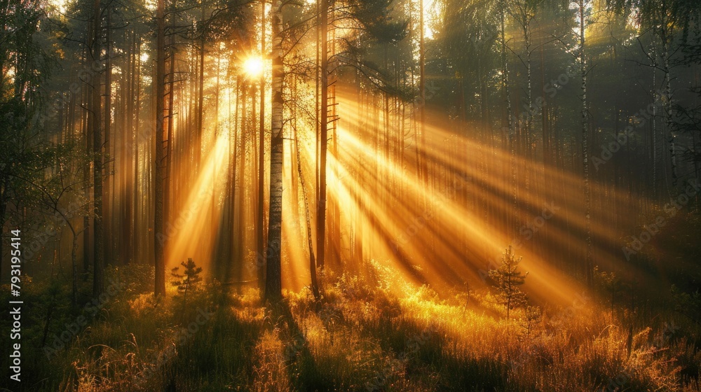 Trees In Sunlight. Tranquil Forest Landscape with Sun Rays Shining Through Trees