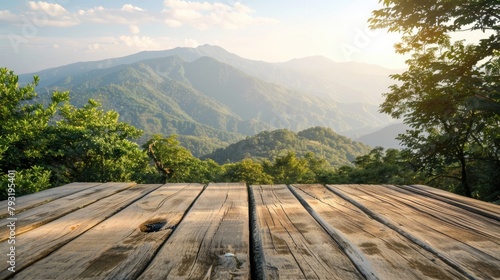 Table View. Wooden Table Top with Mountain Landscape in Green Nature Background © AIGen