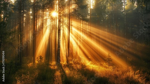 Trees In Sunlight. Tranquil Forest Landscape with Sun Rays Shining Through Trees
