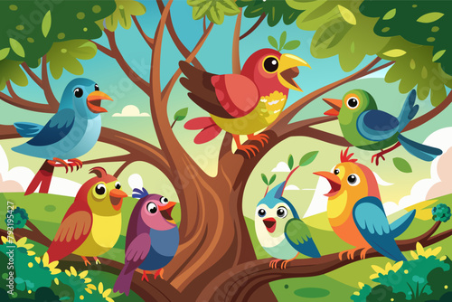 A group of colorful birds chirping in a tree