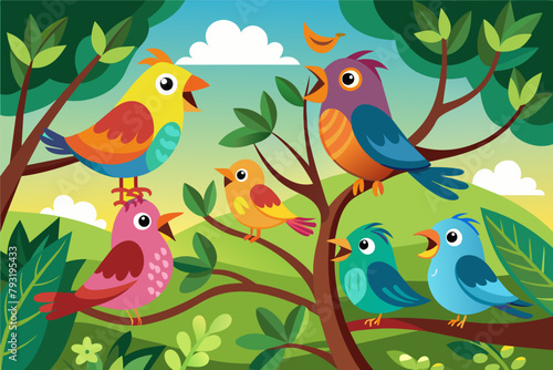 A group of colorful birds chirping in a tree