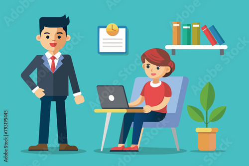 A man and a woman collaborating on a laptop, possibly engaged in job training or work-related tasks, Job training of employees from superiors, Simple and minimalist flat Vector Illustration