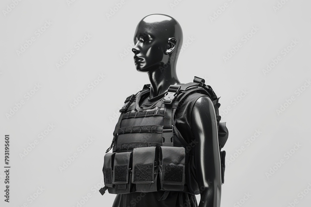 Black plastic mannequin with backpack, isolated on white background, Ai Generated Black plastic mannequin with backpack, isolated on white background, Ai Generated