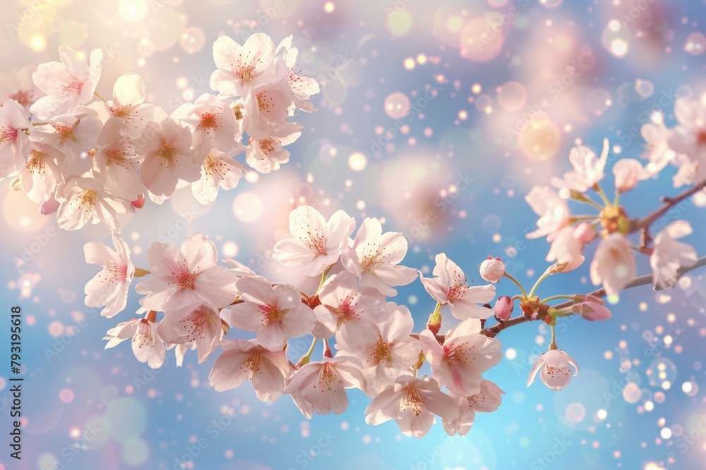 Flower Branch. Blossoming Cherry Blossoms on Pink and White Spring Background