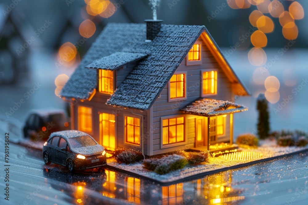 Warm Glow from Miniature House on Snowy Evening.
