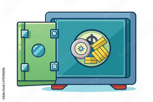 A coin safely stored inside a secure and locked metal safe, keep money in the safe, Simple and minimalist flat Vector Illustration