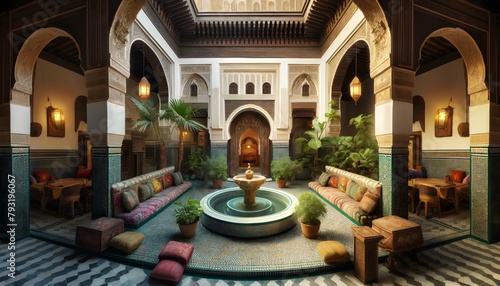 panoramic image of a traditional Moroccan riad in Fes, showcasing the unique architectural and interior design elements typical of the region photo