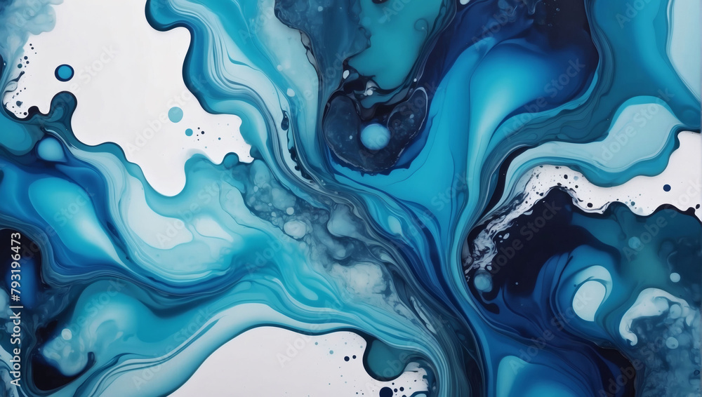 Abstract Liquid Fluid Art Painting Background with Alcohol Ink Technique in Navy Blue and Aqua Cool Tone Colors.