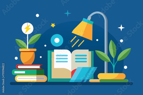 An open book rests on a stack of books next to a lamp, symbolizing knowledge and learning, lamp and book knowledge power concept, Simple and minimalist flat Vector Illustration