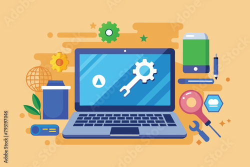 A laptop screen displaying a wrench, indicating a need for repair or maintenance, laptop repair service, Simple and minimalist flat Vector Illustration