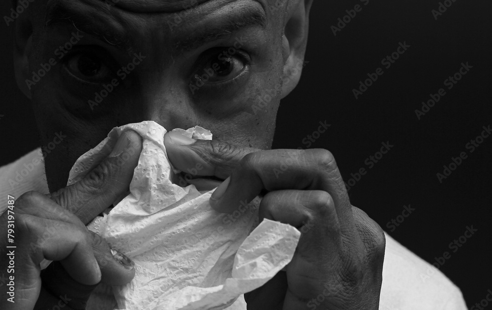blowing nose after catching a cold with grey background stock photo