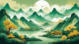 Abstract Mountain Landscape in Green and Gold Tones, Chinese Style Illustration