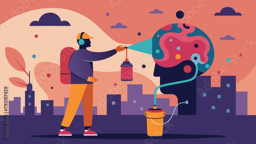 A street artist uses mindcontrolled spray paint to create a largescale mural with each stroke guided by their mental commands and creative visions..
